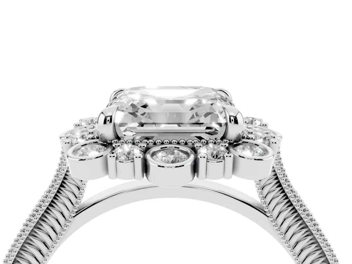Asscher Cut Halo Milgrain Pave Diamond Ring with Four-Prong Setting Silver