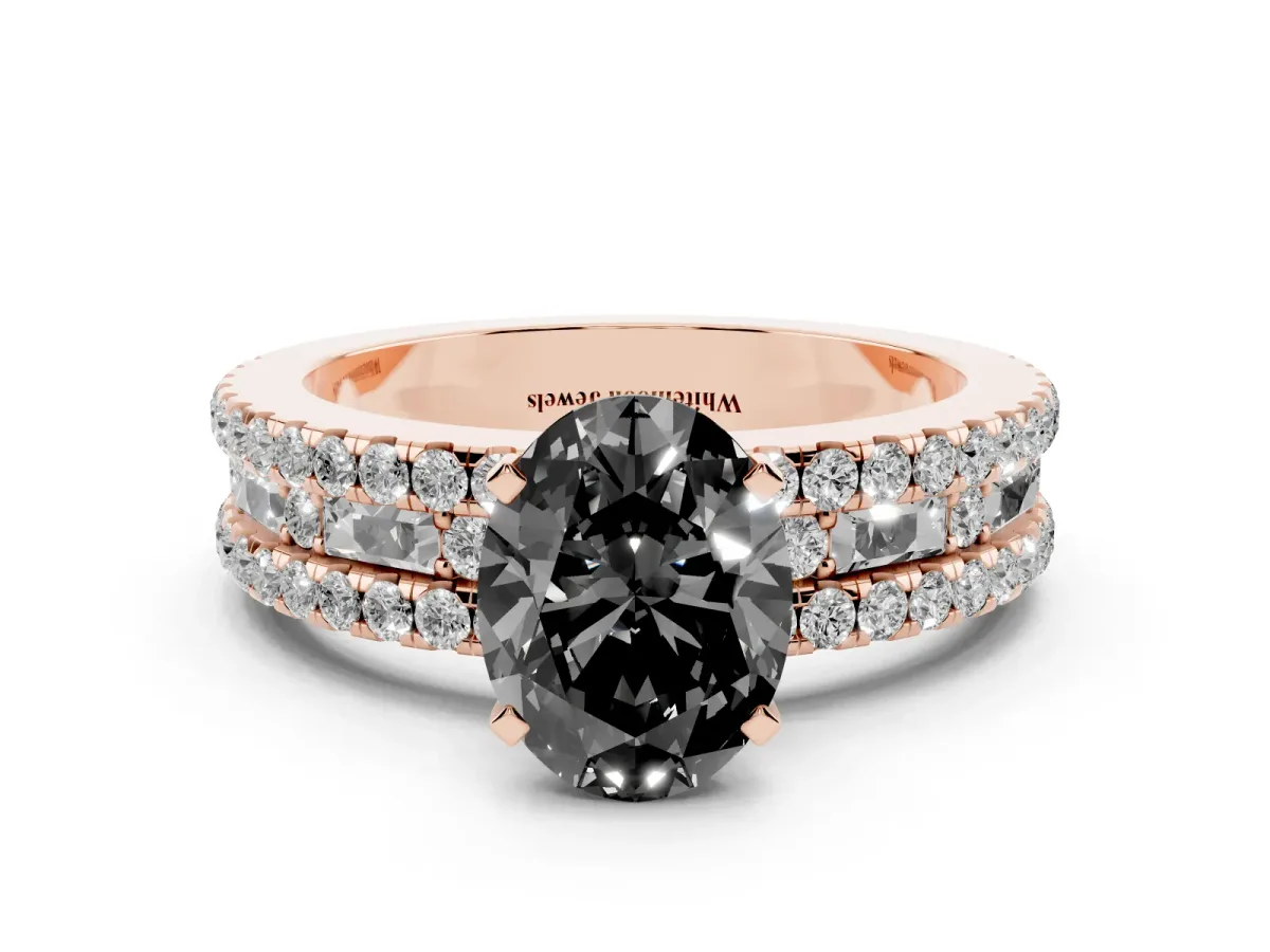 Fancy Black Oval Cut Diamond Solitaire Ring with Pavé and Channel Set Band Rose gold