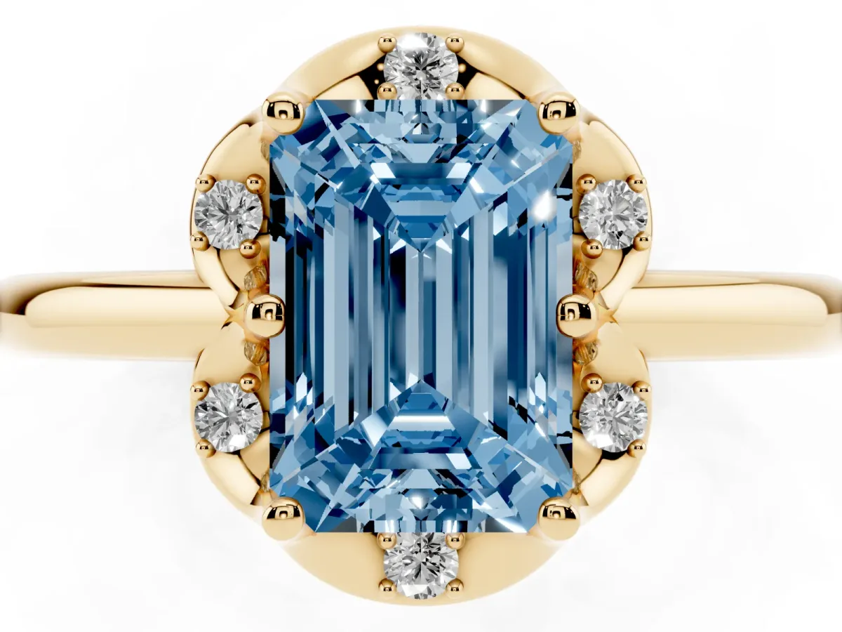 Fancy Blue Emerald Cut Halo Diamond Ring with Round Cluster Setting, Solitaire Band, and Four-Prong Setting Yellow gold