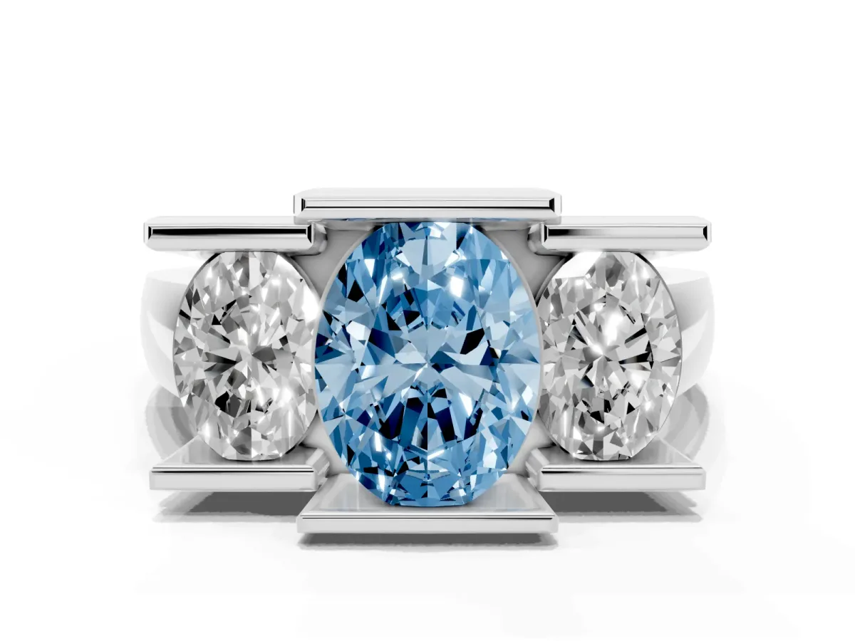 Fancy Blue Three Stone Oval Cut Cut Channel Set Diamond Ring Platinum