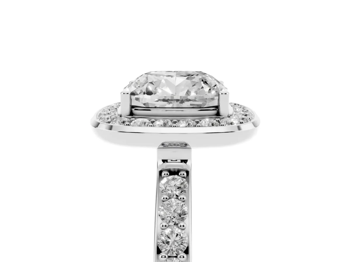 Cushion Cut Diamond Halo Ring with Bezel Frame and Pavé Band Silver