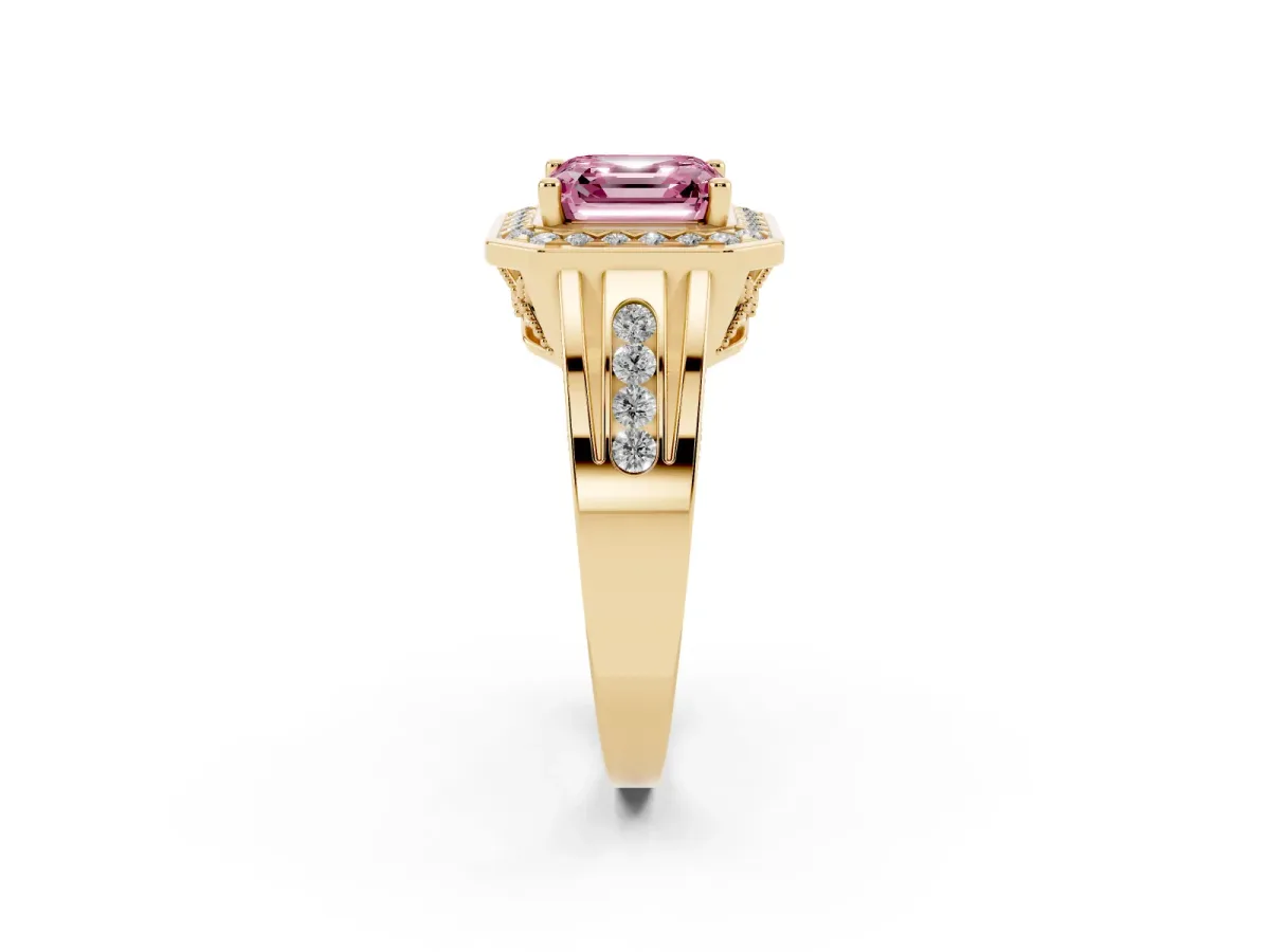 Fancy Pink Asscher Cut Diamond Halo Ring with Split Shank and Bezel Accents and Prong Setting Yellow gold
