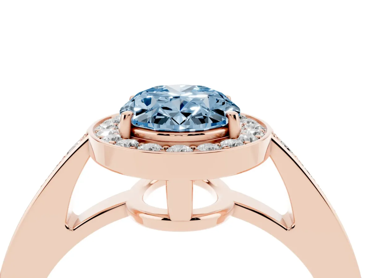 Fancy Blue Oval Cut Halo Pavé Diamond Engagement Ring with Bezel Setting Rose gold