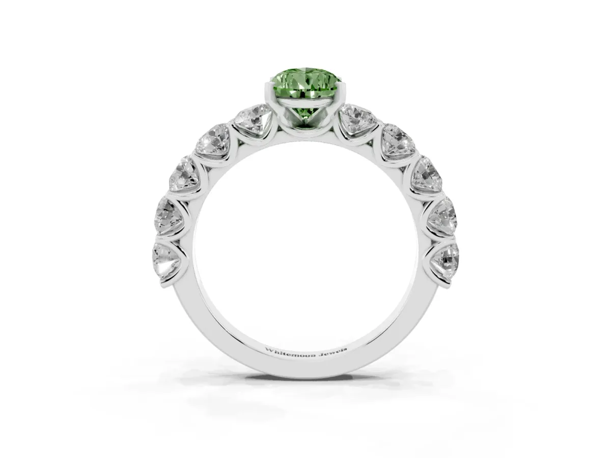 Fancy Green Pear Cut Diamond Prong Setting with Side Stones on a Pave Band Silver