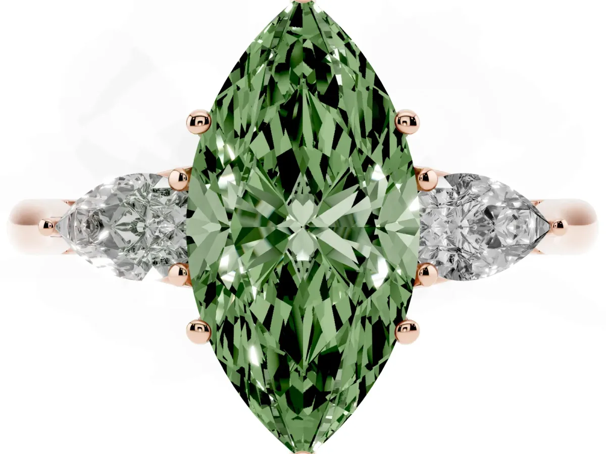 Fancy Green Three-Stone Marquise Cut Diamond Ring with Pear Side Stones in Four-Prong Setting Rose gold