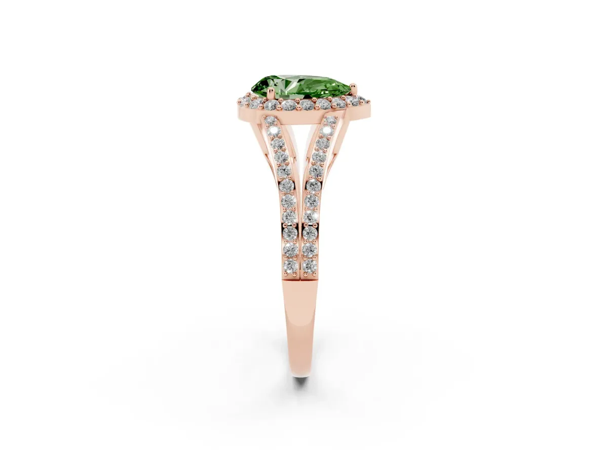 Fancy Green Pear Cut Halo Split Shank Diamond Ring with Prong Setting Rose gold