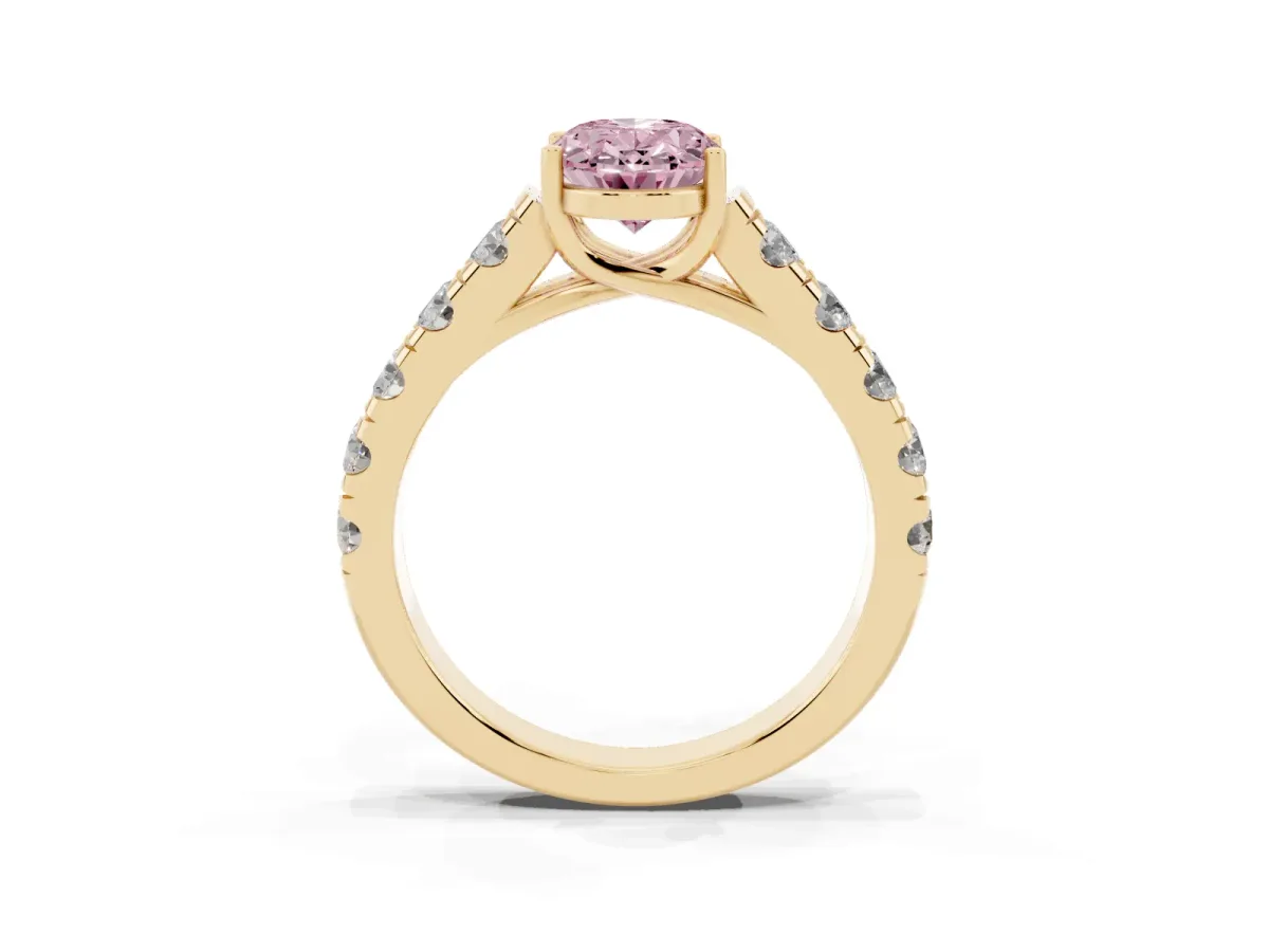 Fancy Pink Oval Cut Cut Diamond Solitaire Ring with Micro Pave Band and Prong Setting Yellow gold