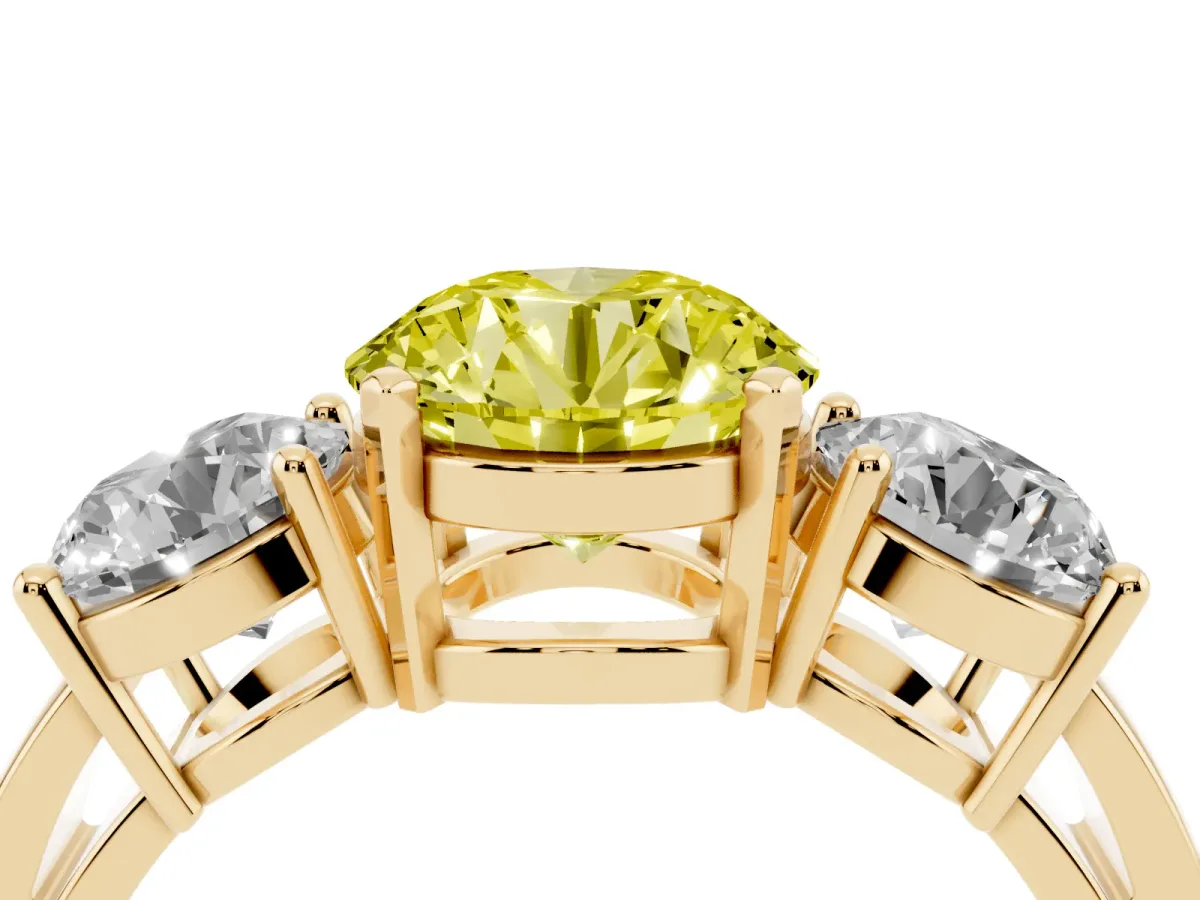 Fancy Yellow Three-Stone Round Cut Diamond Ring with Round Side Stones, Classic Band, and Four-Prong Setting Yellow gold