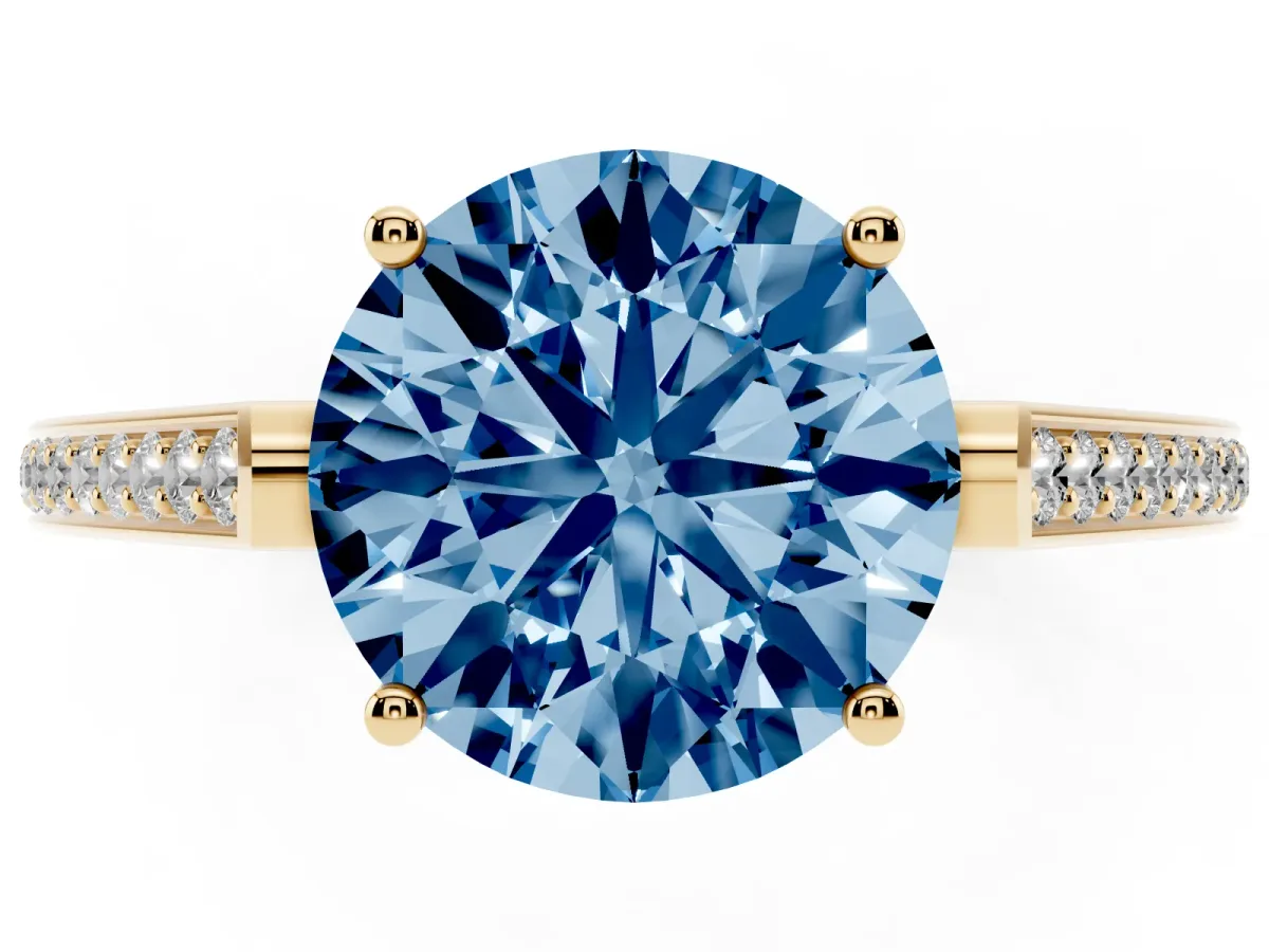 Fancy Blue Round Cut Cut Cathedral Pave Diamond Engagement Ring with Six-Prong Setting Yellow gold