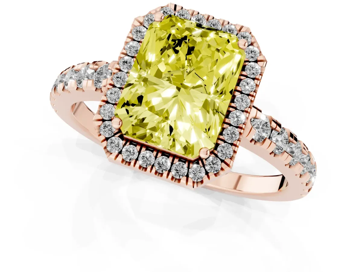 Fancy Yellow Radiant Cut Diamond Halo Ring with Pavé Band and Four-Prong Setting Rose gold