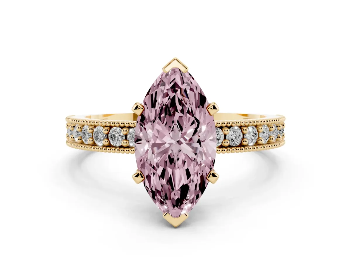 Fancy Pink Marquise Cut Diamond Milgrain Pavé Engagement Ring with Four-Prong Setting Yellow gold
