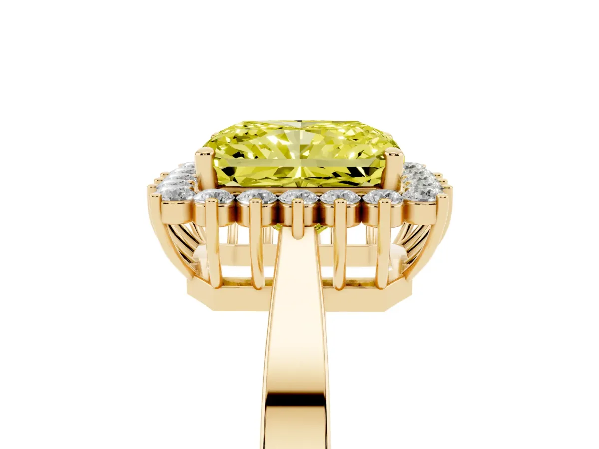 Fancy Yellow Radiant Cut Cut Diamond Halo Ring with Round Brilliant Halo and Solitaire Band Yellow gold