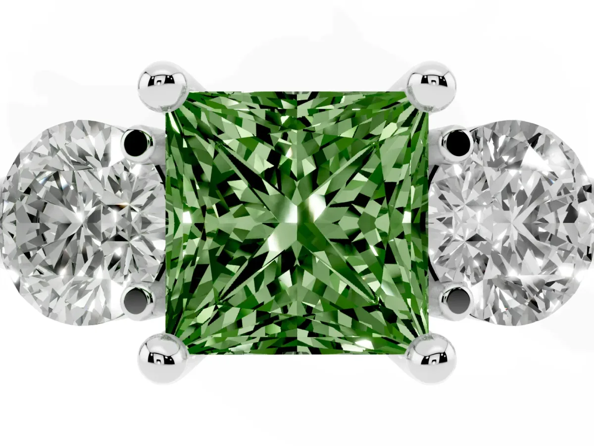 Fancy Green Three-Stone Princess Cut Brilliant Cut Solitaire Ring with Prong Setting on a Classic Band Platinum
