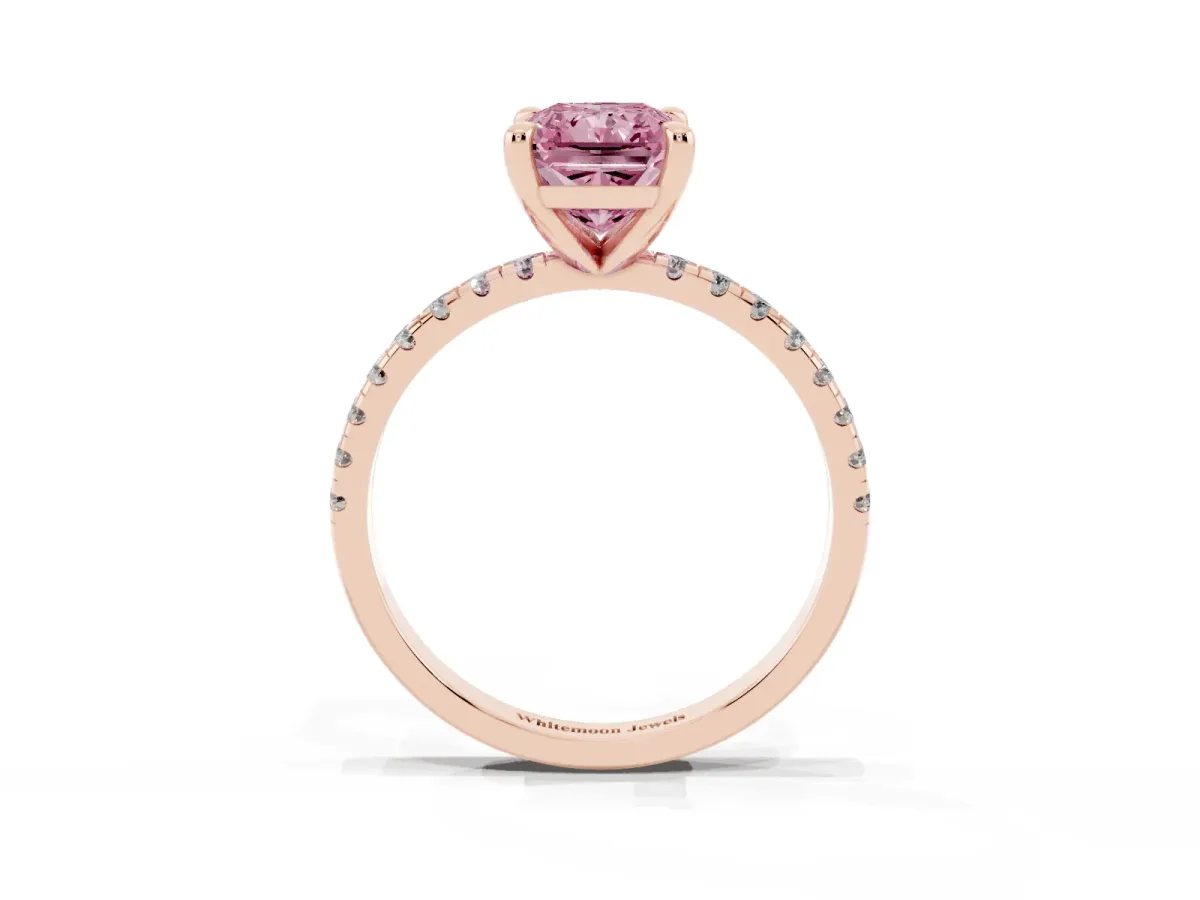 Fancy Pink Radiant Cut Diamond Brilliant Solitaire Ring with Pavé Band and Four-Prong Setting Rose gold