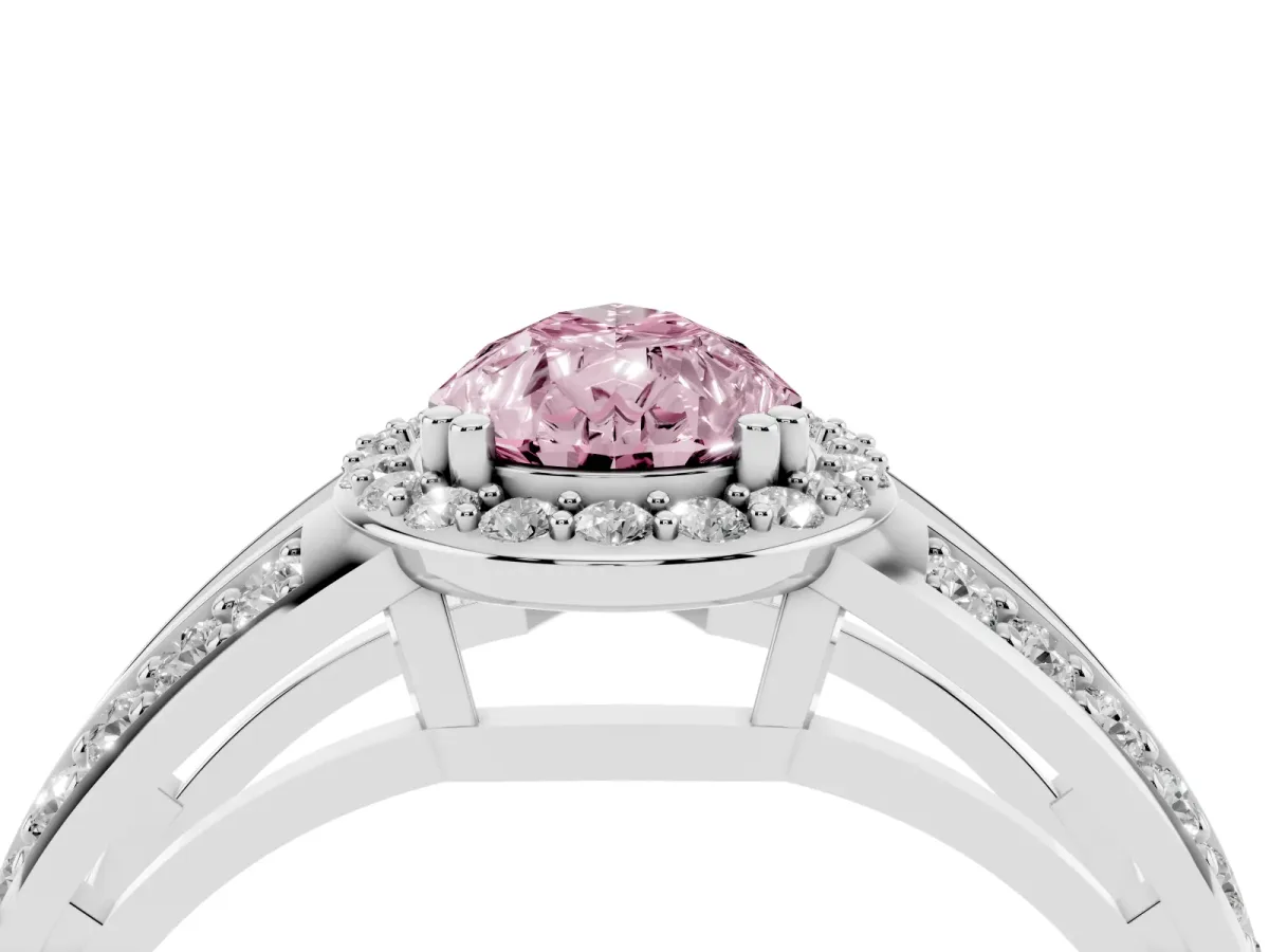 Fancy Pink Pear Cut Diamond Halo Ring with Split Shank Pavé Band and Four-Prong Setting Silver