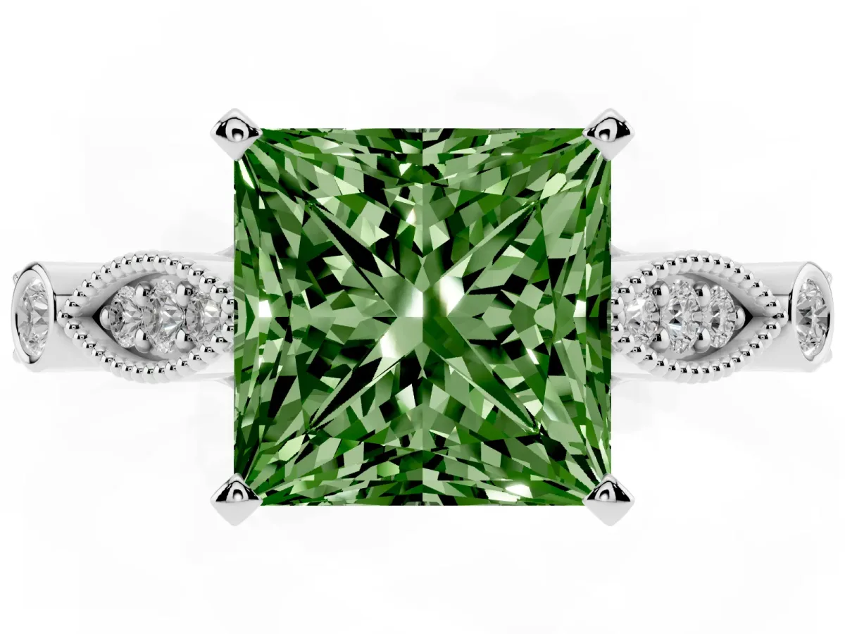 Fancy Green Princess Cut Cut Diamond with Milgrain Marquise and Bezel Accents on a Solitaire Band with Prong Setting White gold