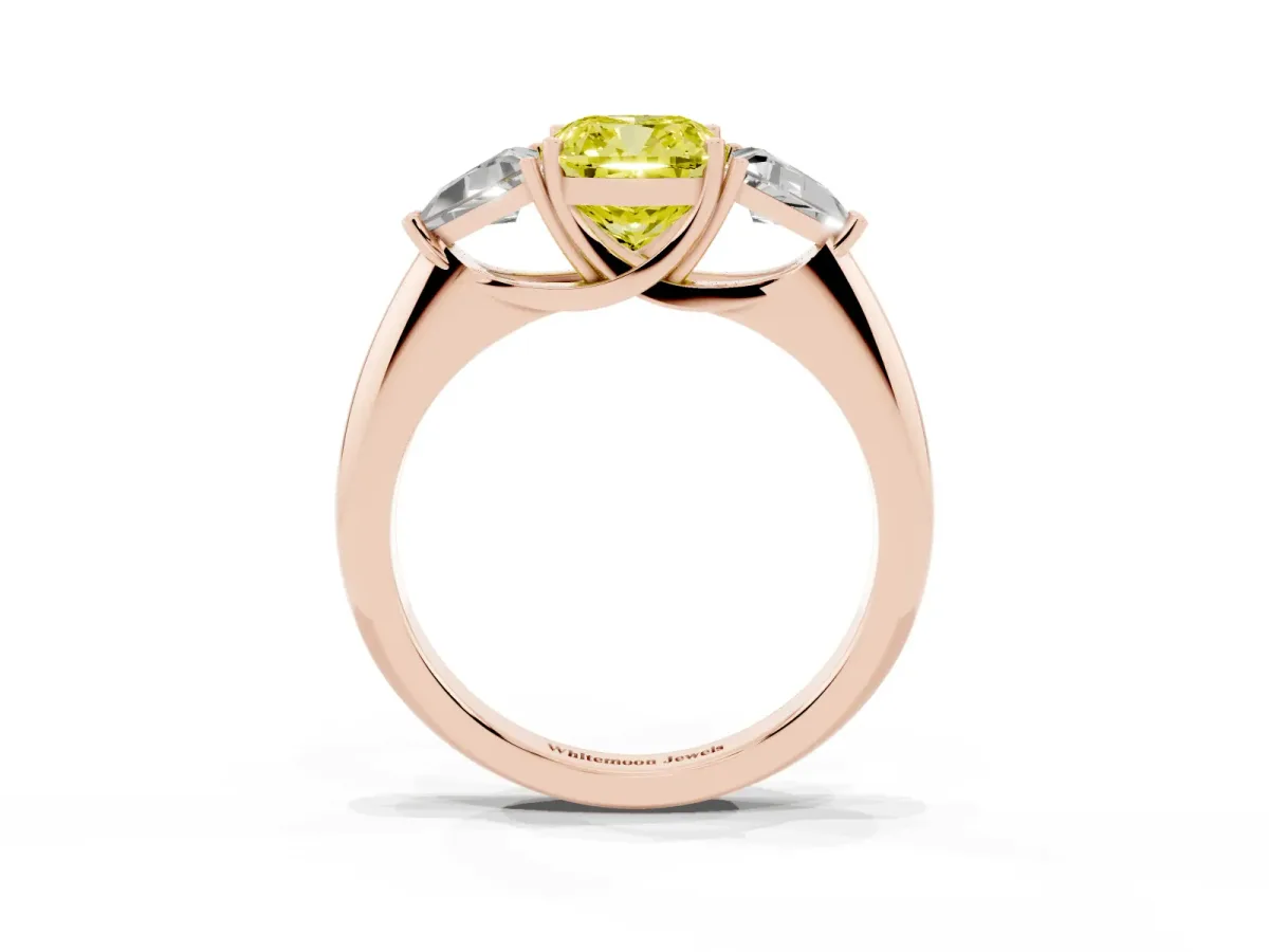 Fancy Yellow Three-Stone Cushion Cut Diamond Engagement Ring with Trillion Side Stones and Prong Setting Rose gold