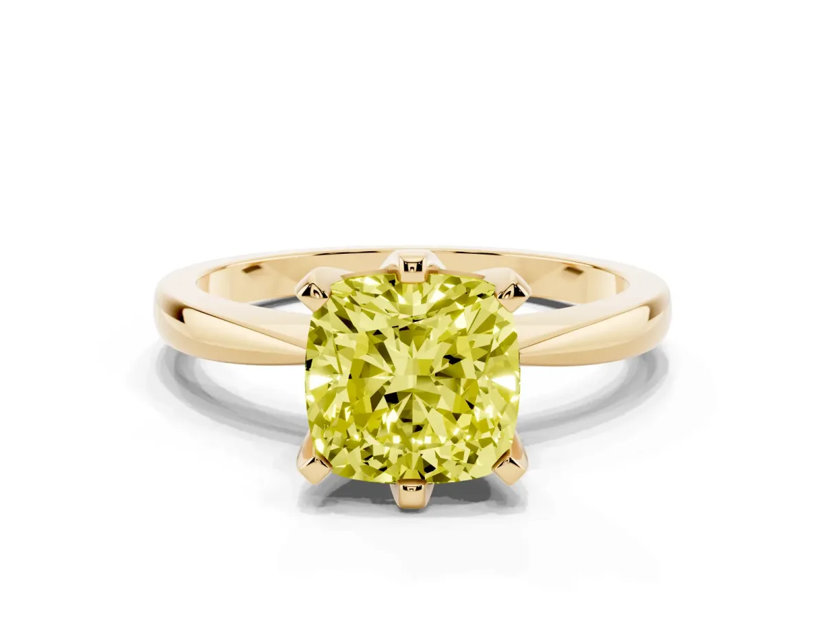 Fancy Yellow Cushion Cut Solitaire Engagement Ring with Six-Prong Setting and Tapered Band Yellow gold