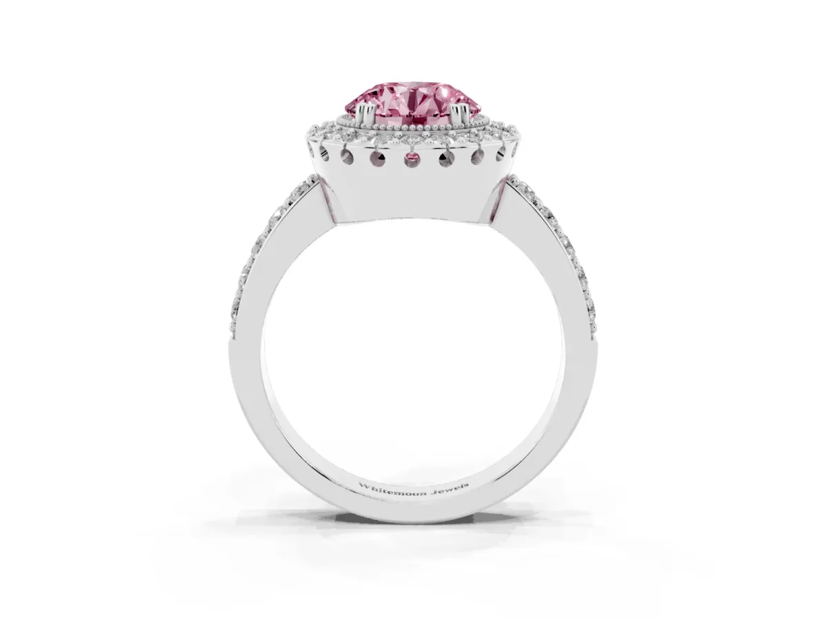 Fancy Pink Round Cut Diamond Halo Ring with Pavé Band and Prong Setting Silver