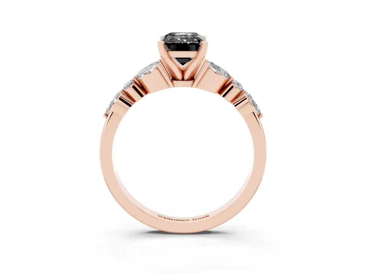Fancy Black Emerald Cut Diamond Solitaire Ring with Side Stones and Four-Prong Setting Rose gold