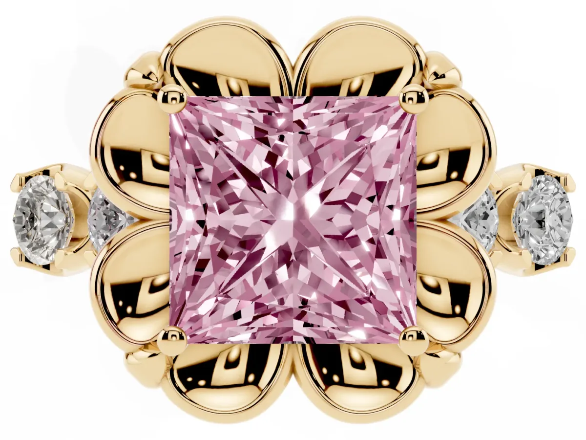 Fancy Pink Princess Cut Cut Diamond Floral Halo Engagement Ring with Shared Prong Setting Yellow gold