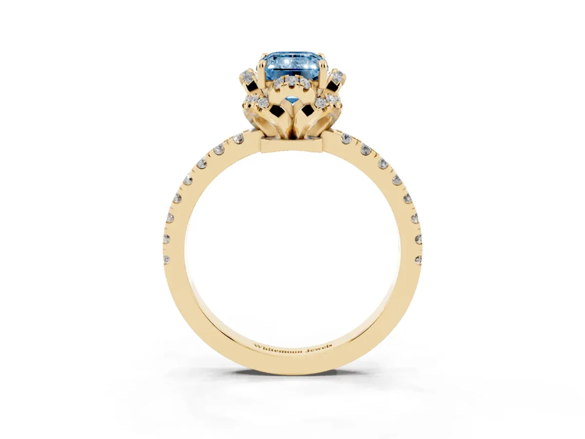 Fancy Blue Emerald Cut Diamond Halo Pave Band with Four-Prong Setting Yellow gold