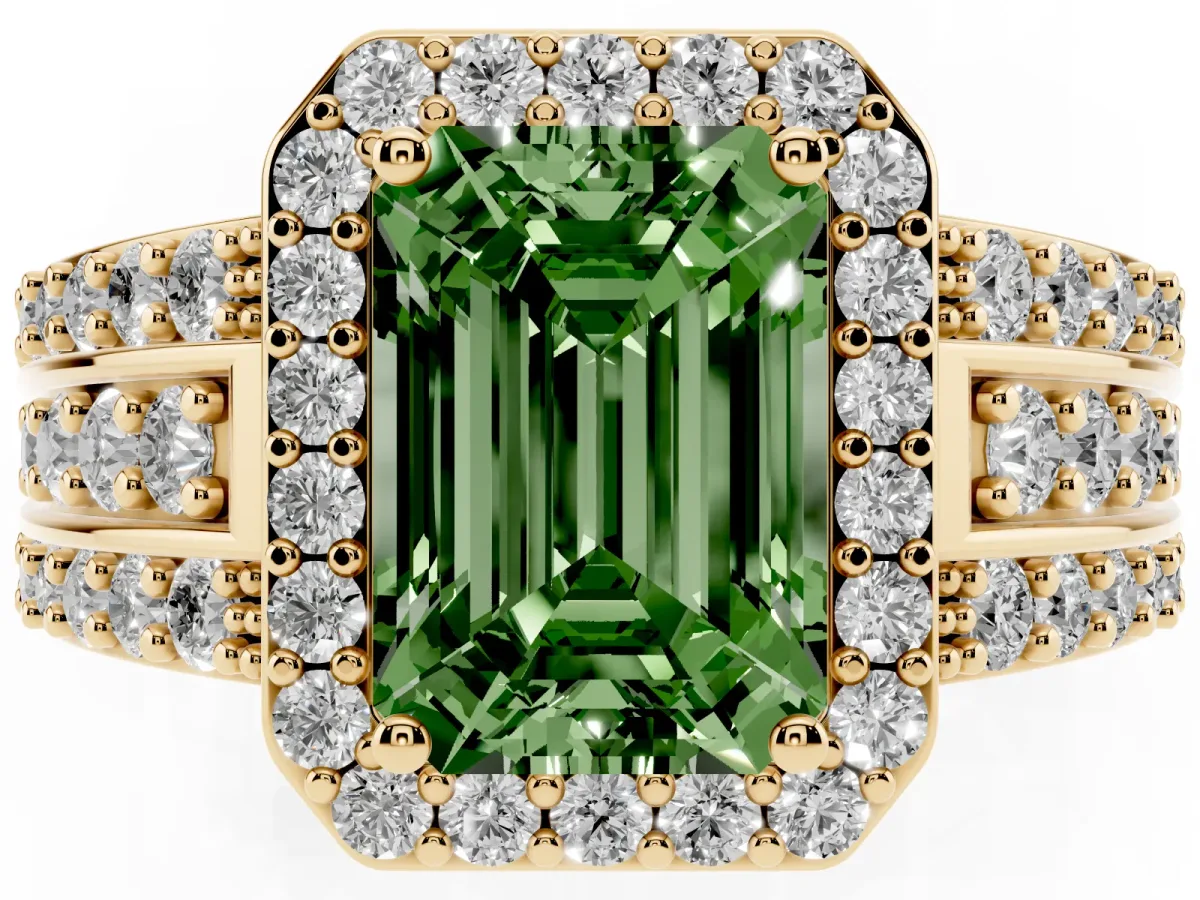 Fancy Green Emerald Cut Halo Diamond Ring with Round Split Shank and Prong Setting Yellow gold