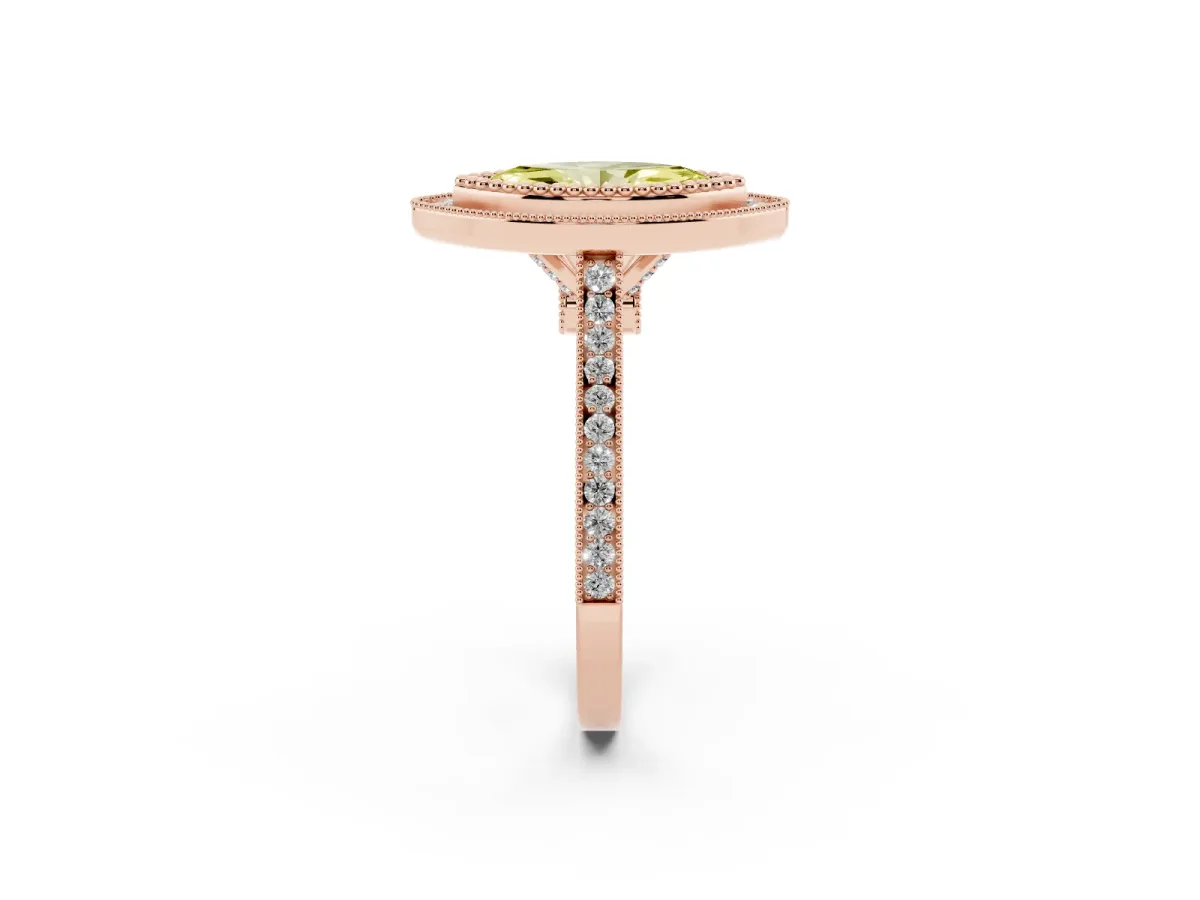 Fancy Yellow Marquise Cut Diamond Halo Ring with Milgrain Frame and Pavé Band Rose gold
