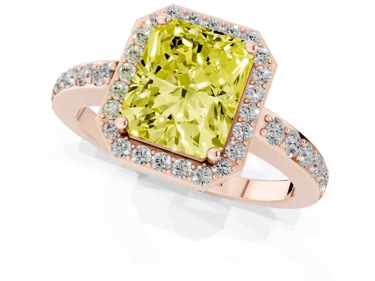 Fancy Yellow Radiant Cut Halo Diamond Pavé Band Ring with Prong Setting Rose gold