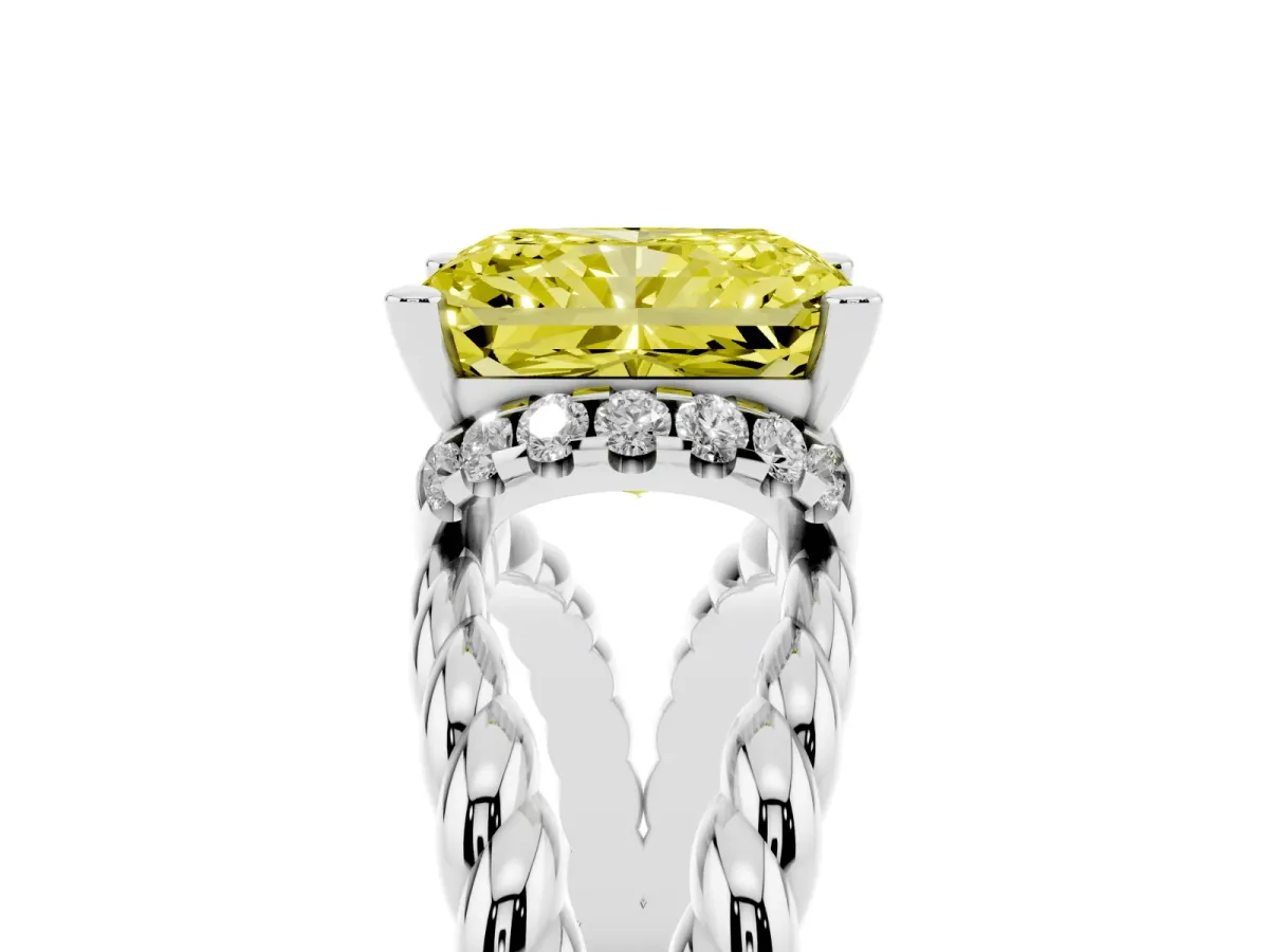 Fancy Yellow Radiant Cut Halo Twisted Band Four-Prong Ring Silver