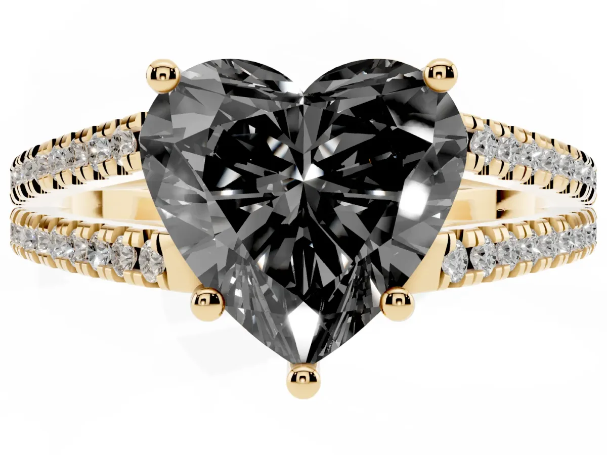 Fancy Black Heart Cut Diamond Solitaire Engagement Ring with Split Shank Pavé Band Yellow gold