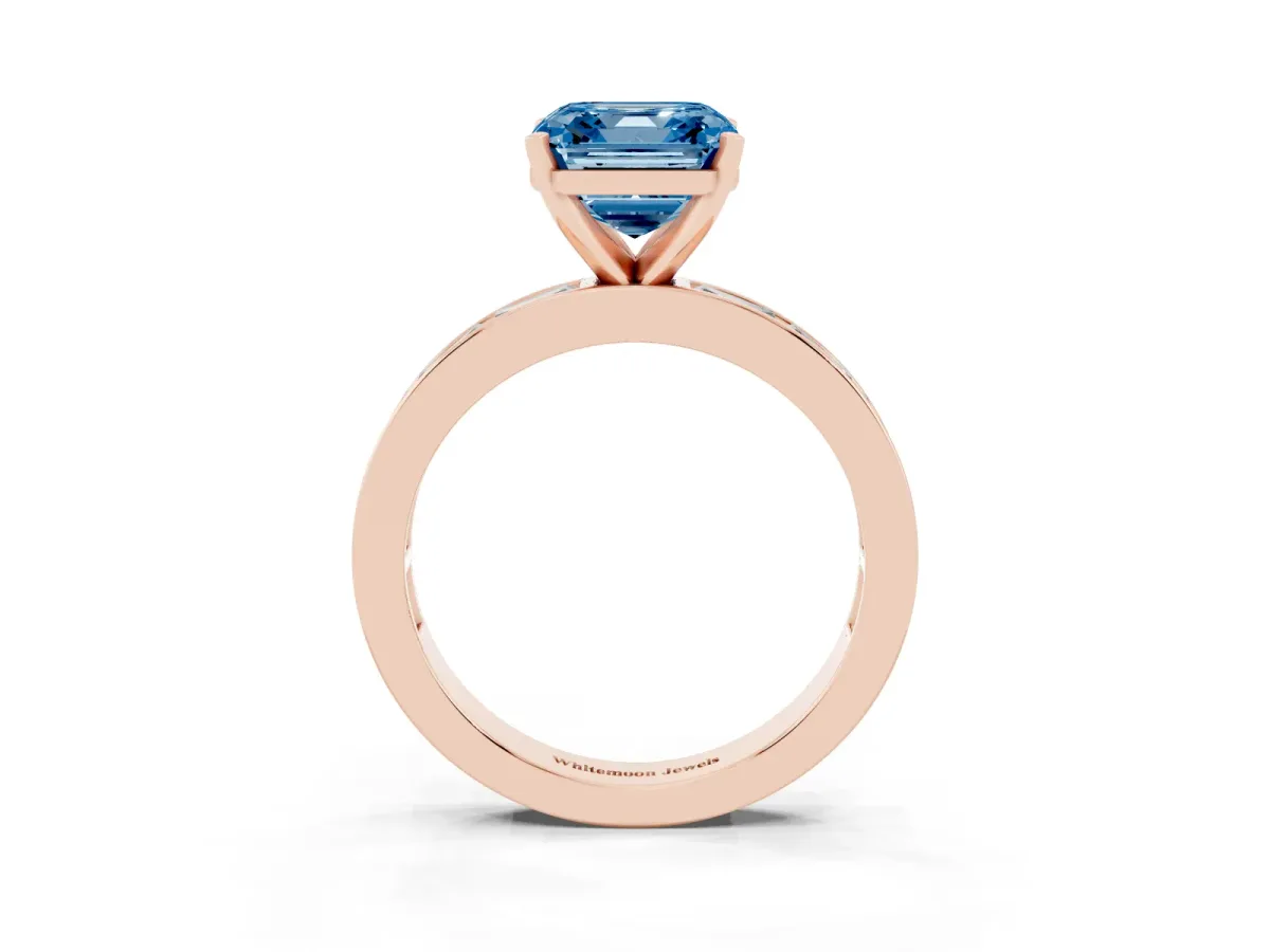 Fancy Blue Asscher Cut Solitaire Diamond Ring with Channel-Set Baguette Band and Four-Prong Setting Rose gold