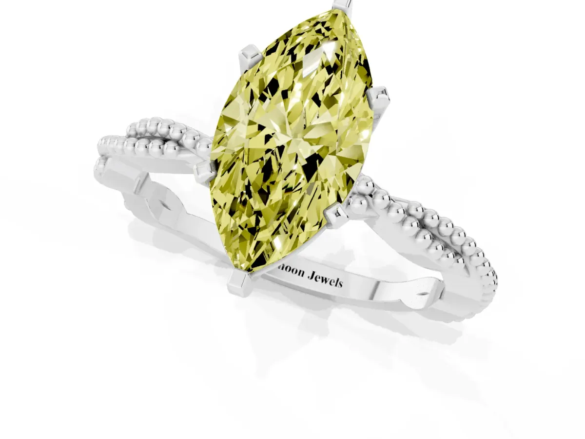 Fancy Yellow Marquise Cut Solitaire Twisted Band with Bead Prong Setting Silver