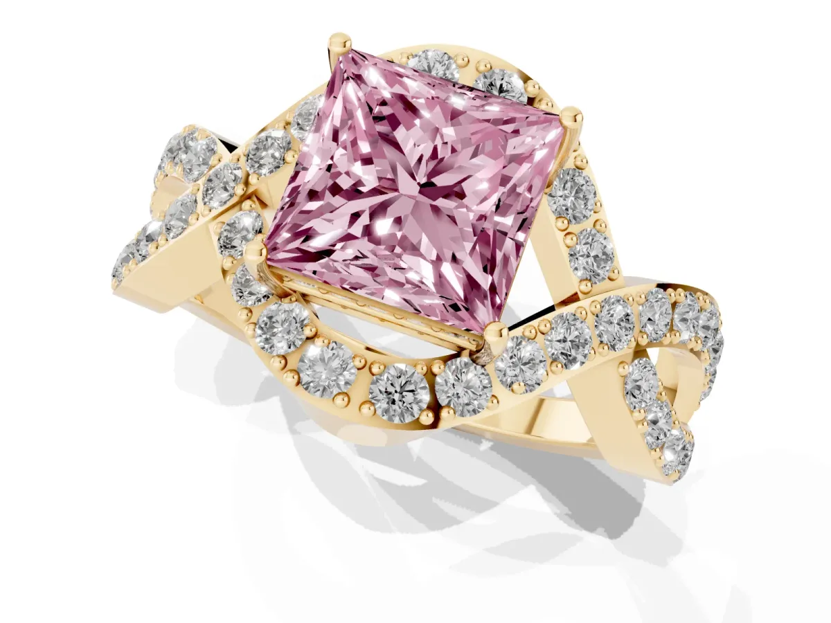 Fancy Pink Princess Cut Solitaire Twist Band Pavé Diamond Engagement Ring Yellow gold