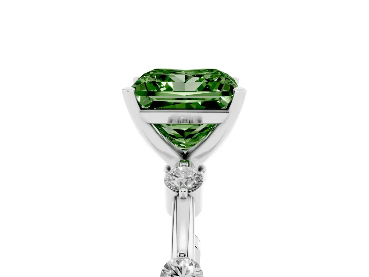 Fancy Green Princess Cut Solitaire Diamond Ring with Bezel Set Side Stones and Prong Setting Silver