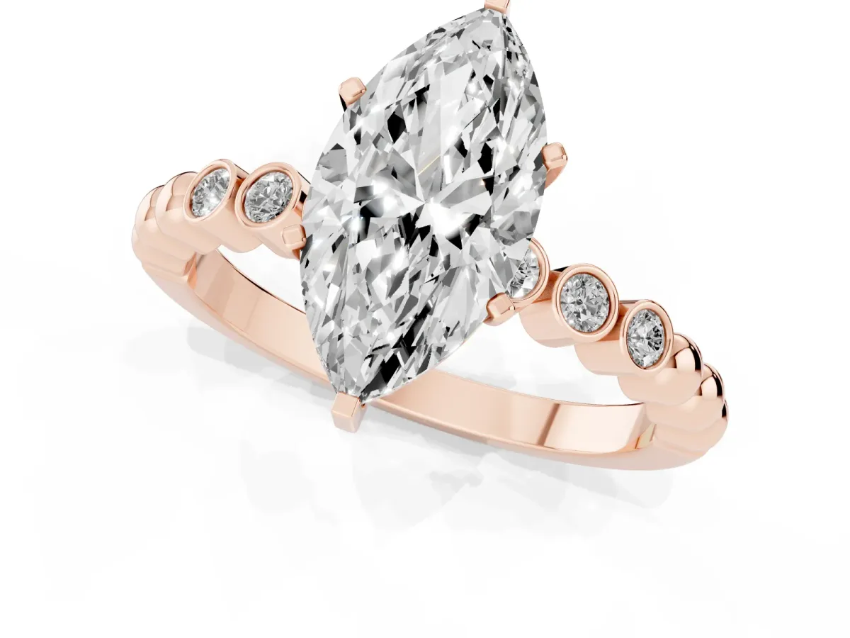 Marquise Cut Solitaire Bezel Accent Diamond Engagement Ring with Beaded Band and Four-Prong Setting Rose gold