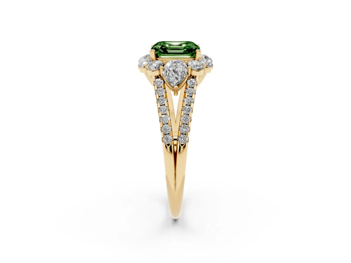 Fancy Green Asscher Cut Halo Split Shank Diamond Engagement Ring with Prong Setting Yellow gold