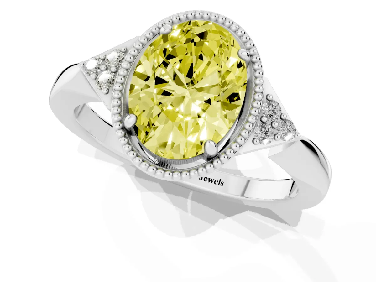 Fancy Yellow Oval Cut Diamond Halo Ring with Tapered Band and Four-Prong Setting Platinum