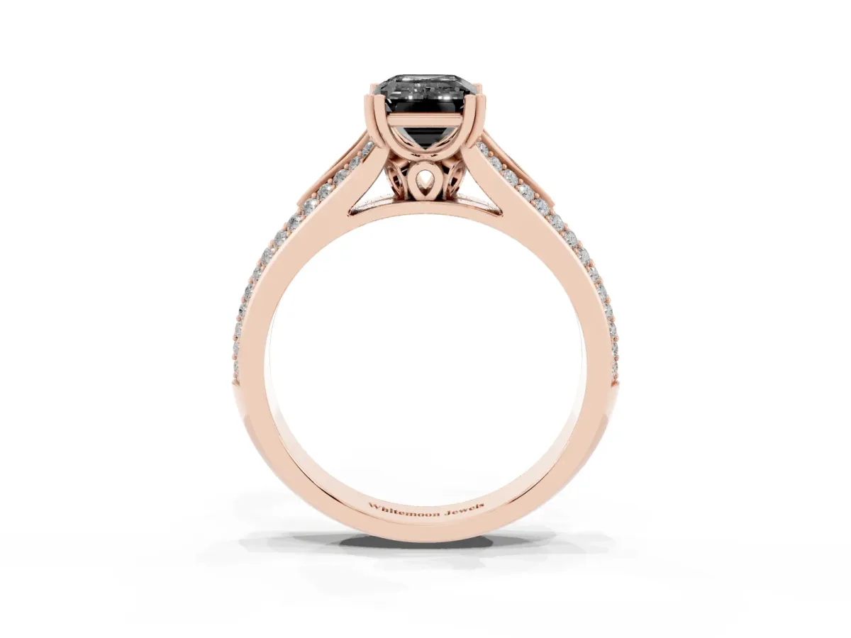 Fancy Black Emerald Cut Diamond Split Shank Engagement Ring with Pavé Band Rose gold
