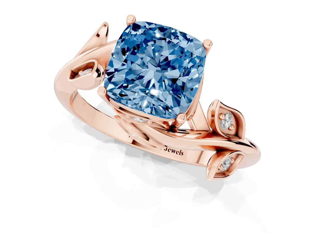 Fancy Blue Cushion Cut Solitaire Twist Engagement Ring with Leaf Accents and Prong Setting Rose gold