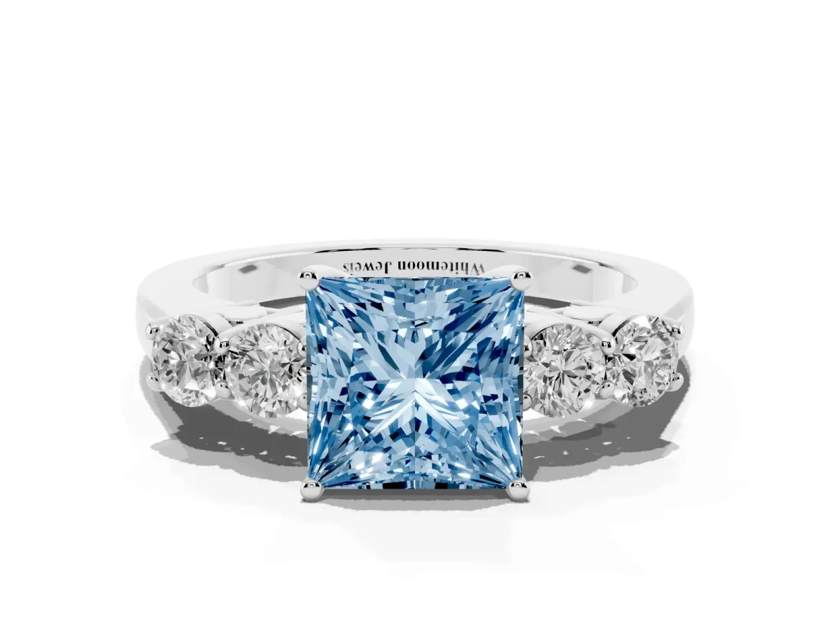 Fancy Blue Princess Cut Cut Diamond Five-Stone Prong Set White Gold Ring Silver