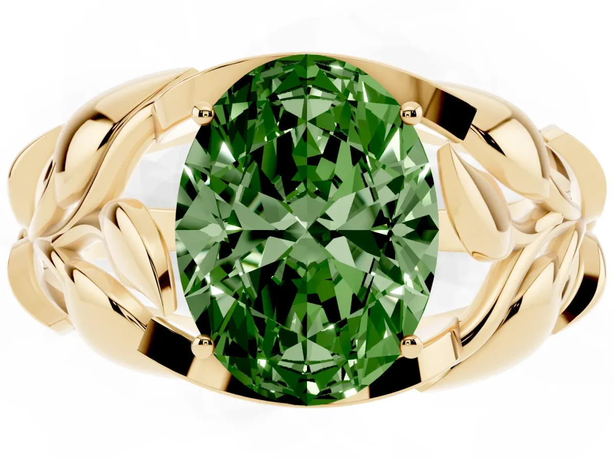 Fancy Green Oval Cut Diamond Leaf-Inspired Engagement Ring with Round Accents and Prong Setting Yellow gold