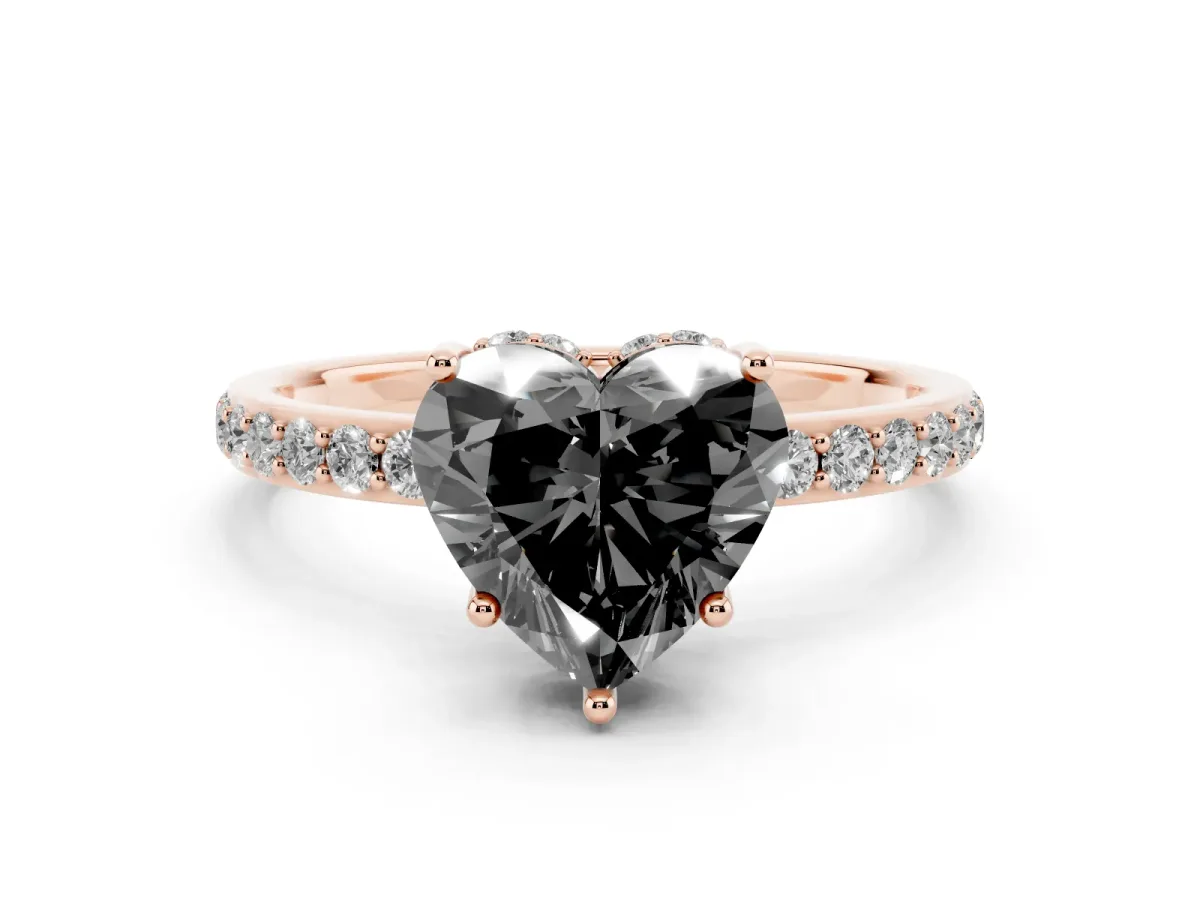Fancy Black Heart Cut Diamond Solitaire Ring with Pavé Band and Hidden Halo Rose gold