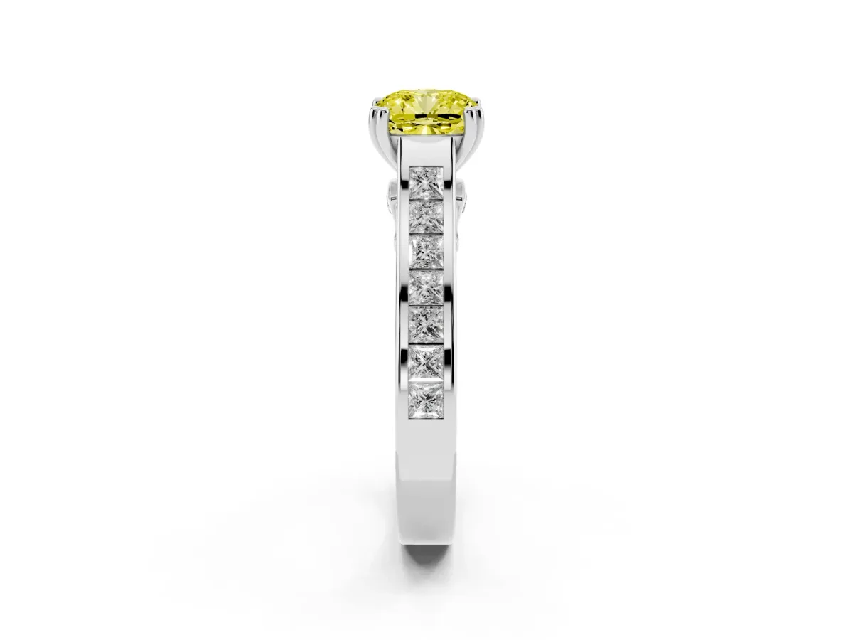 Fancy Yellow Cushion Cut Cut Channel Set Solitaire Engagement Ring with Prong Setting Silver