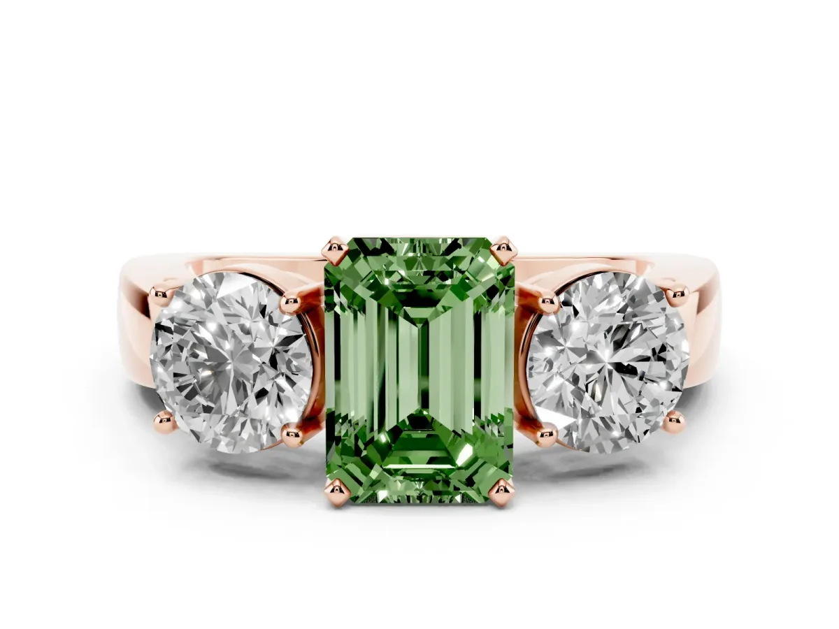 Fancy Green Three-Stone Emerald Cut Diamond Ring with Round Side Stones, Classic Band, and Four-Prong Setting Rose gold
