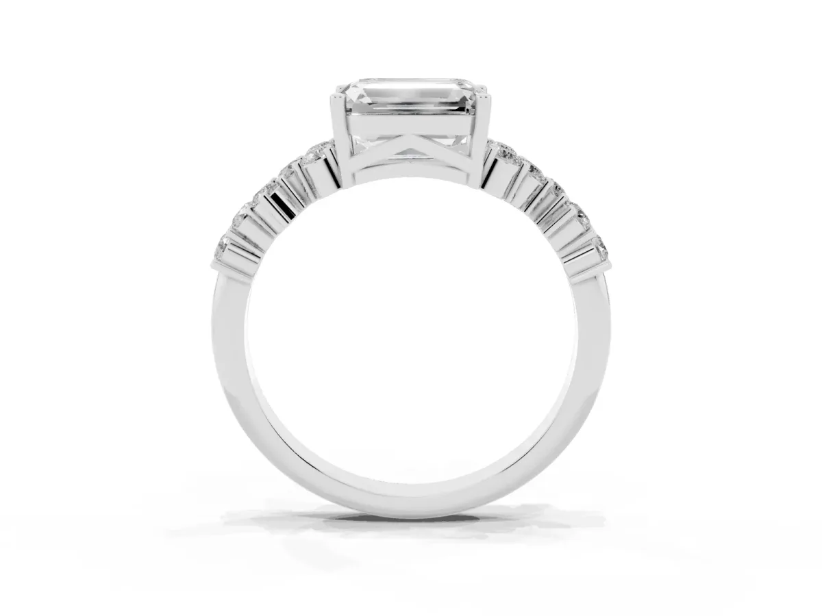 Emerald Cut Diamond Scattered Round Accent Ring with Prong Setting White gold