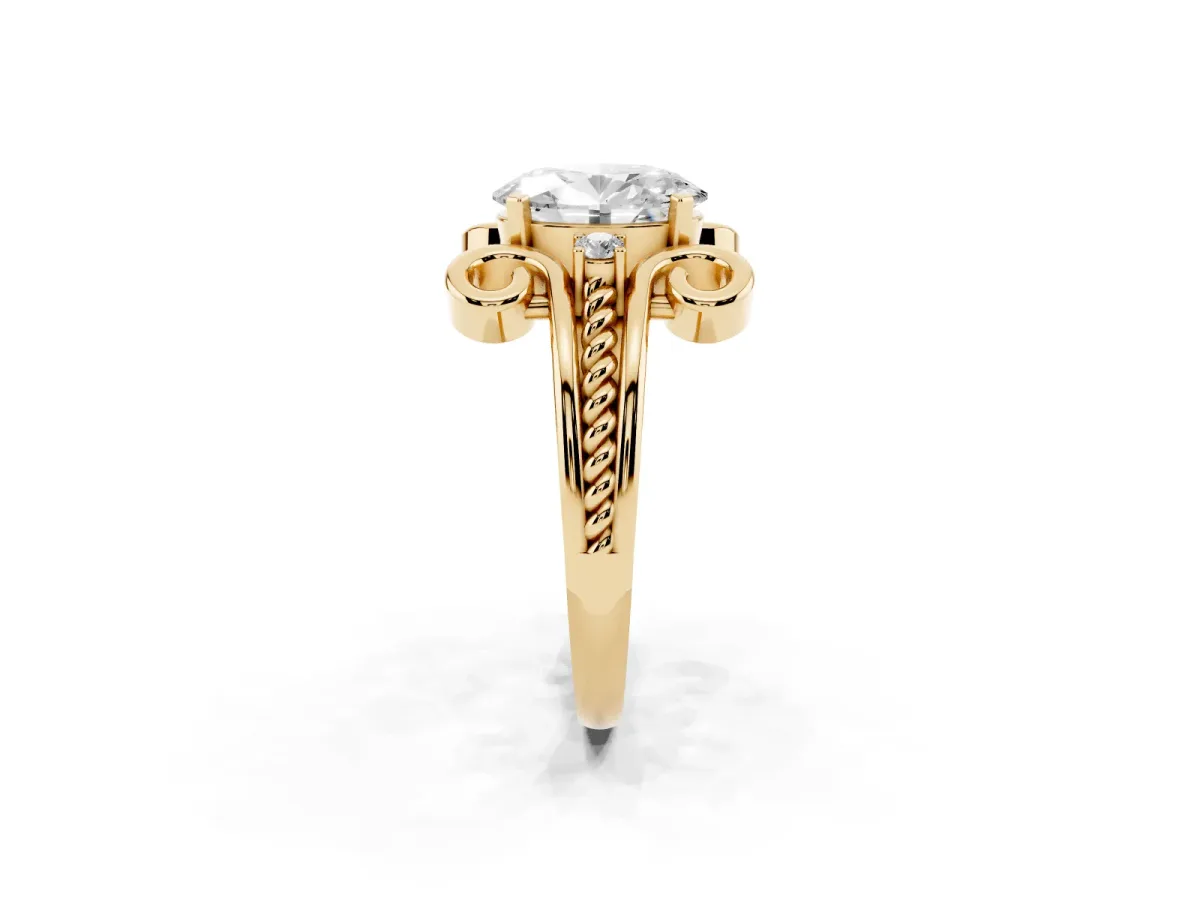 Oval Cut Solitaire Twisted Band Scroll Prong Ring Yellow gold