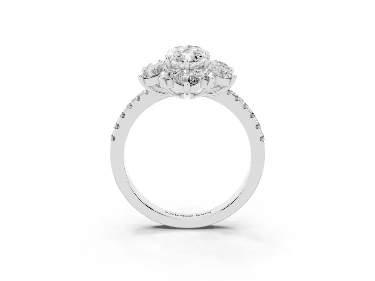 Marquise Cut Diamond Floral Halo Ring with Round Pavé Band and Prong Setting Silver
