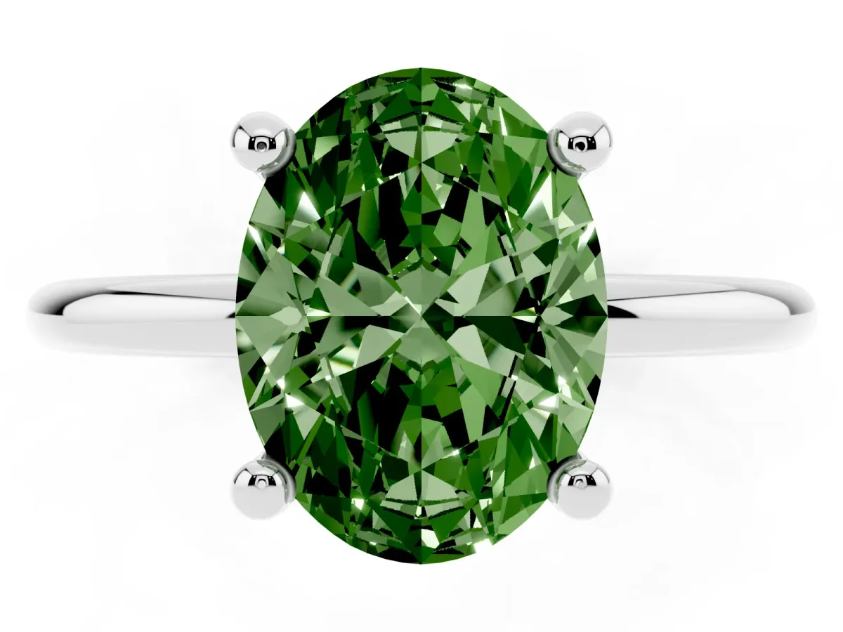 Fancy Green Oval Cut Solitaire Diamond Ring with 4-Prong Setting on a Classic Band Silver