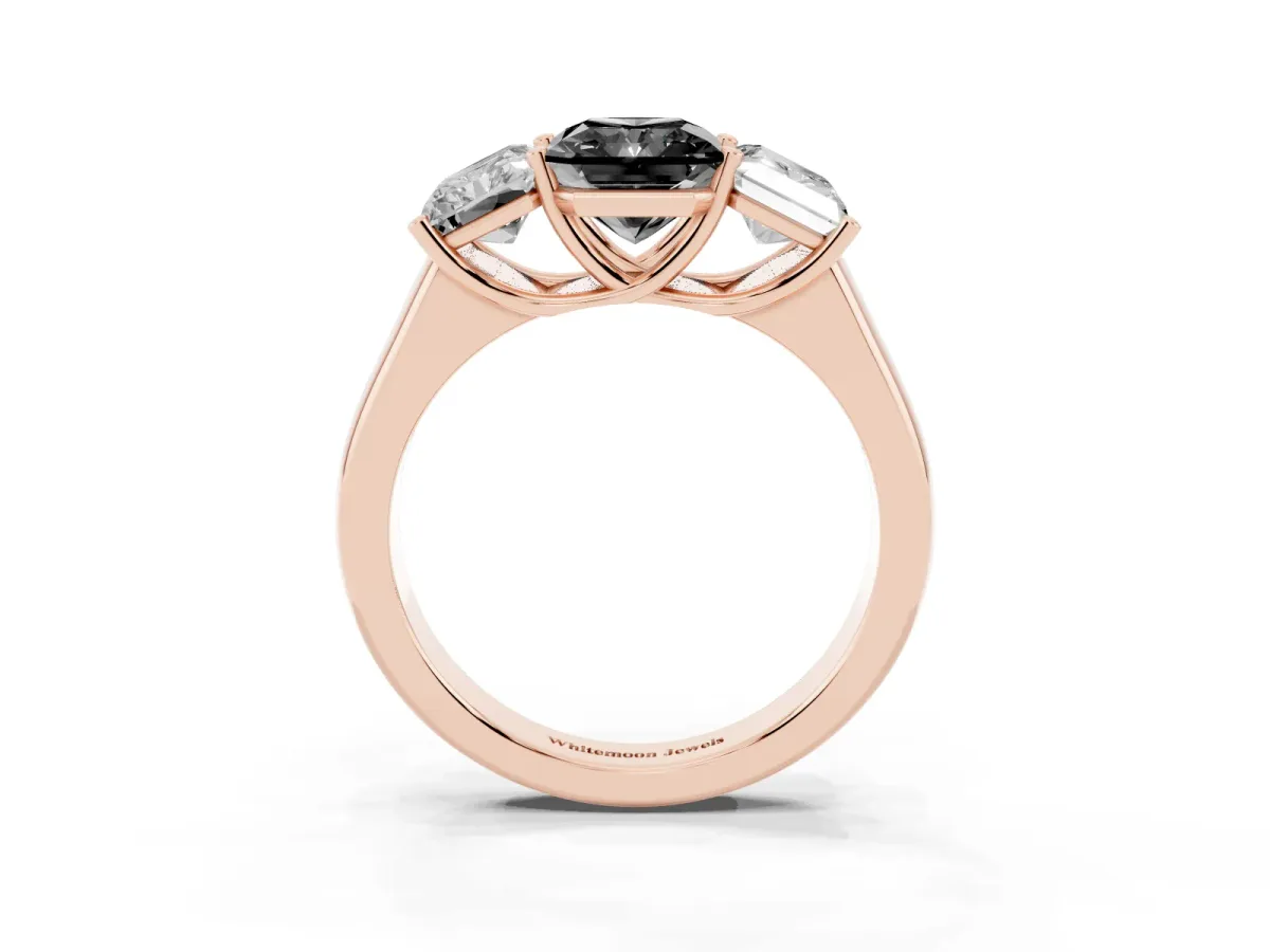Fancy Black Radiant Cut Three-Stone Diamond Ring with Prong Setting on a Classic Band Rose gold
